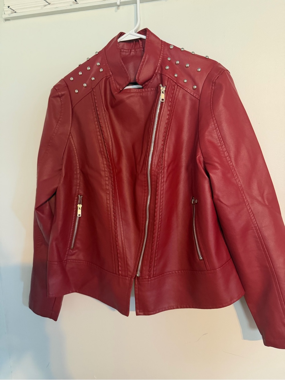 Red Studded Faux Leather Moto Jacket - Women